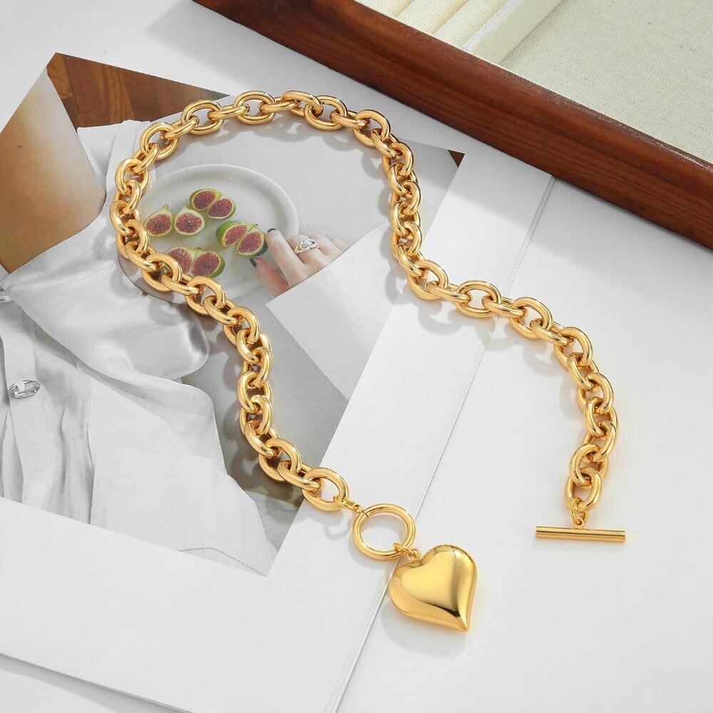Gold Chunky Chain Necklace Women Puffy Heart Pendant Brass 19 Inch - Picture 5 of 8